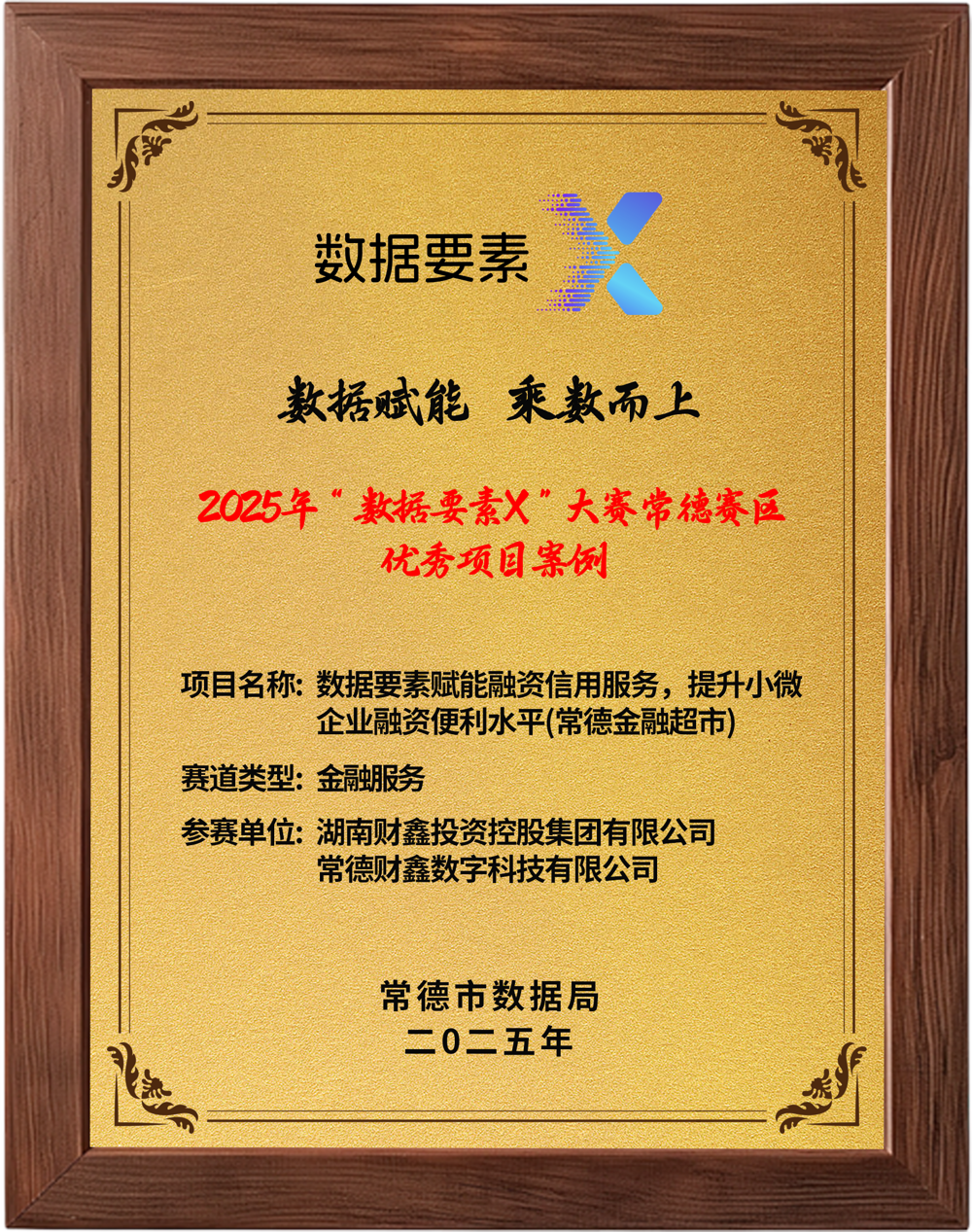 10号 2025.08 2025年“数据要素X”大赛常德赛区优秀项目案例（财鑫集团、常德财鑫数字科技有限公司）-市数据局颁发（奖牌未交给，17楼金融超市）